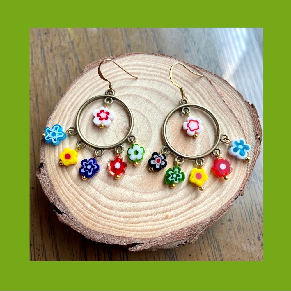 🌼 Handmade dangly hoop earrings with multicolored glass millefiori flowers
